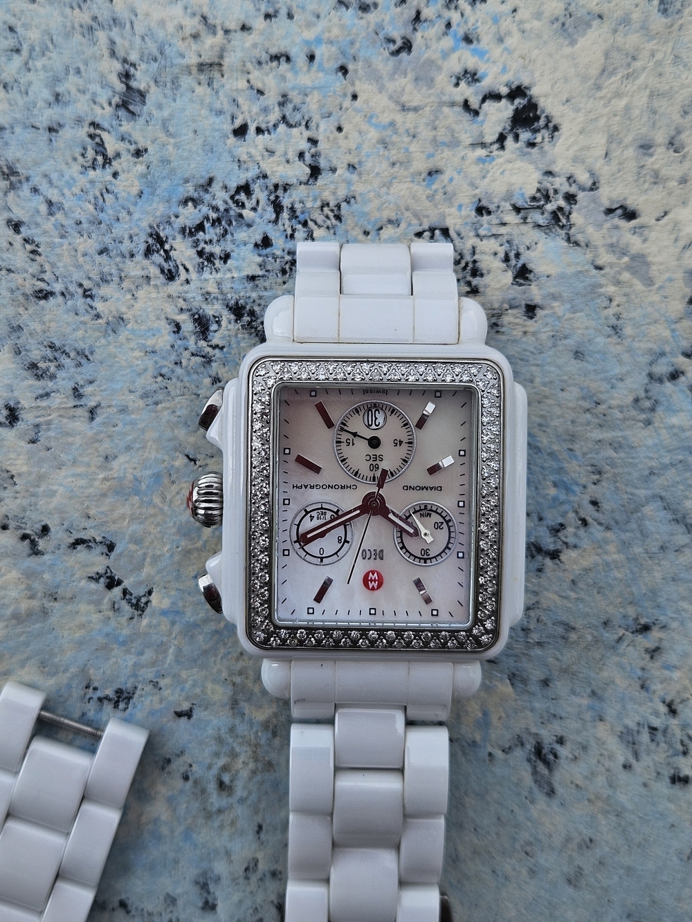 Michele White Ceramic Diamond-Trim Square Chronograph Watch